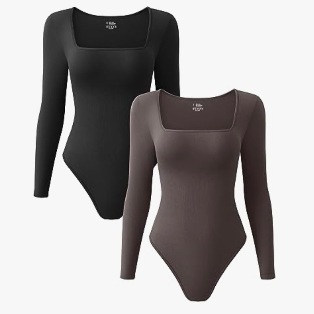 OQQ Women's 2 Piece Long Sleeve Bodysuits - Black and Brown